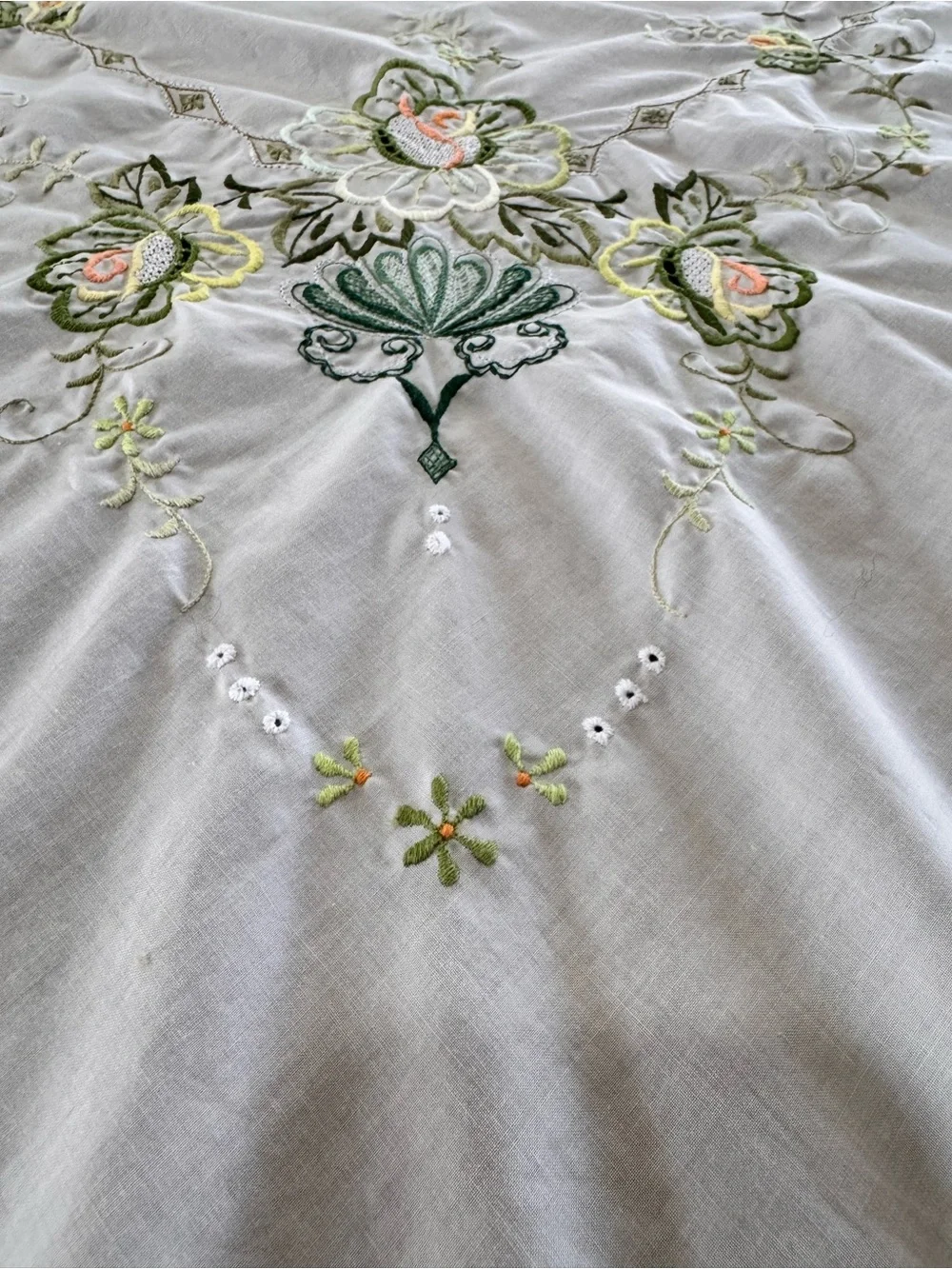 Vintage Style Embroidered Tablecloth 82x64 Off White Floral Cottagecore Linen